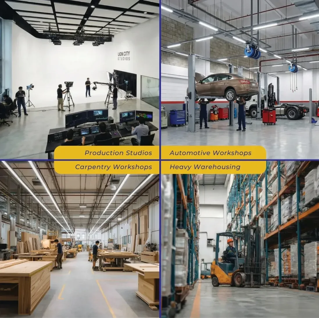 Examples of approved B2 trades at KeyStone @ Mandai: production studios, automotive workshops, carpentry workshops and heavy warehousing
