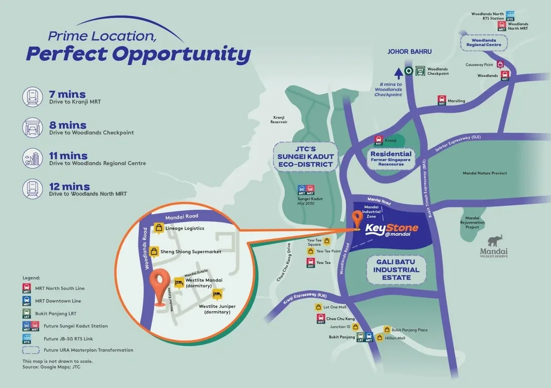 KeyStone @ Mandai location map showing connectivity to Woodlands Checkpoint, expressways and the future Sungei Kadut MRT